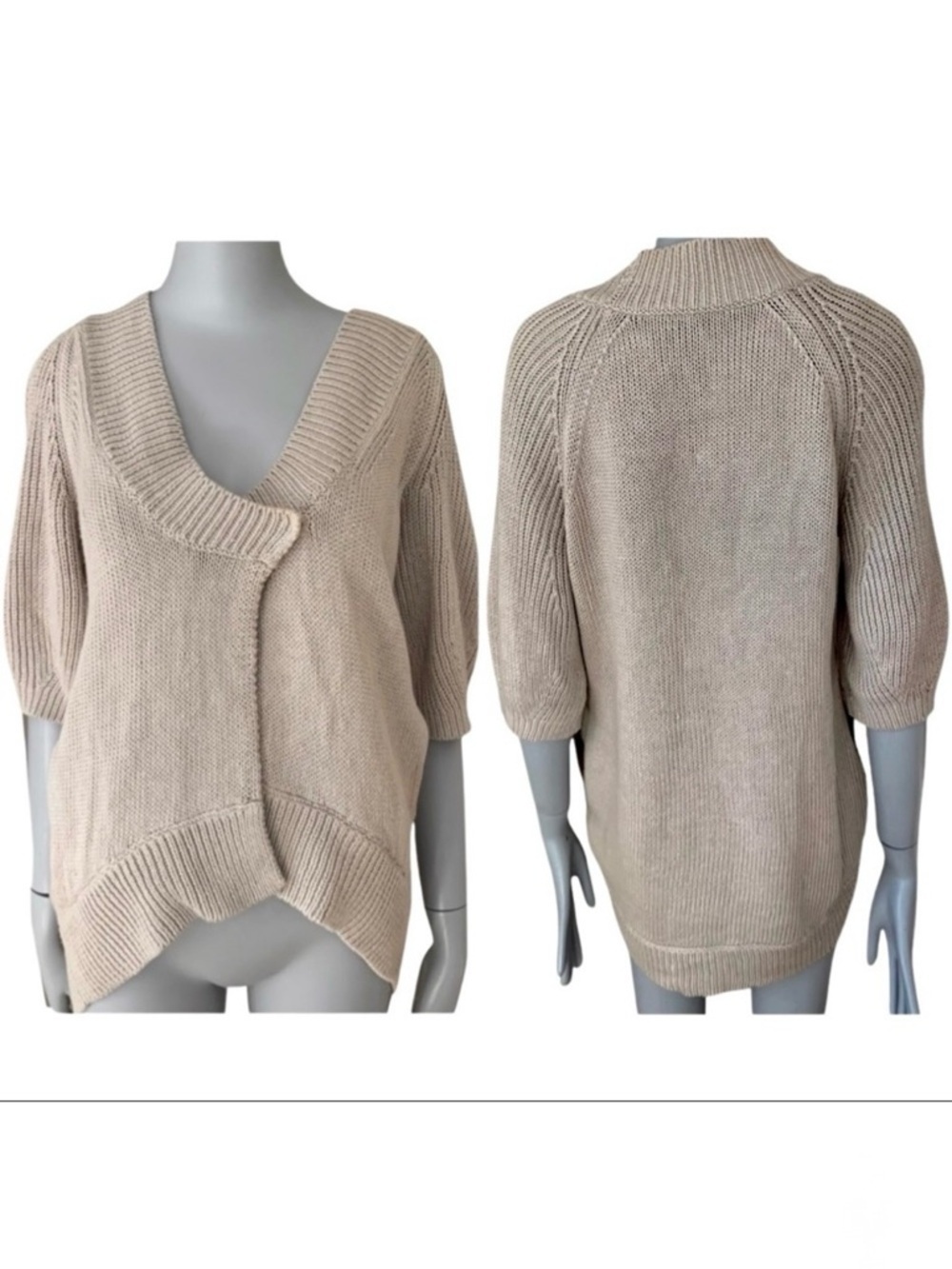 THEORY Cardigan Sweater Linen Cotton High Low Hem Beige 3/4 Sleeves V-Neck